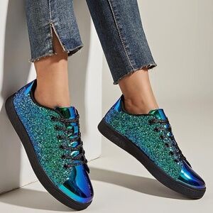 Glitter Shoes Sparkly Bling Shiny Bedazzled Lace up Fashion Sneakers for Women